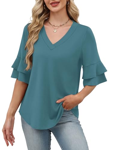 Image of OFEEFAN Spring Tops for Women Boho Shirts Fashion Clothing Cute 3 /4 Length Sleeve Blouses Dressy Casual Summer Outfits