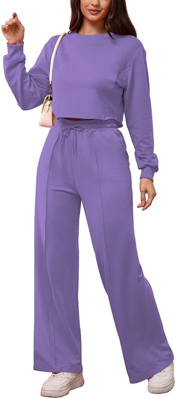 PINSV Women's 2 Piece Outfits Sweatsuit Set Long Sleeve Crop Top Drawstring Wide Leg Pants with Pockets Tracksuits Casual Set - Image 2