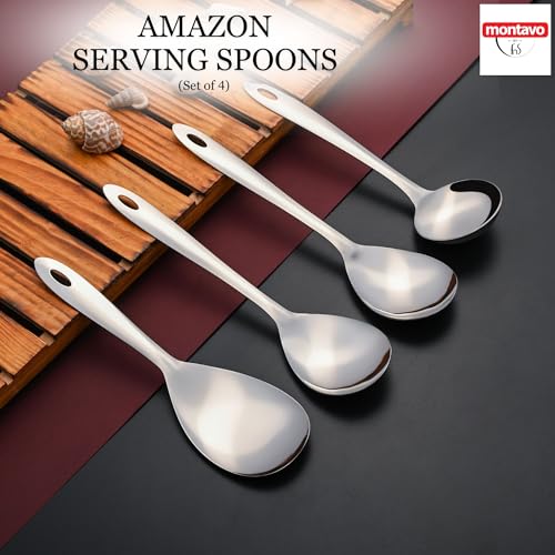 Image of Montavo by FnS 4 Pieces Stainless Steel Serving Spoon Set | 1 Gravy Ladle, 1 Rice Server & 2 Veg Serving Spoons | Premium Kitchen Serving Utensils for Home, Dining & Buffet