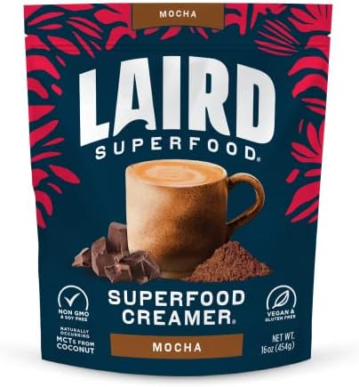 Laird Superfood Non-Dairy Coffee Creamer Mocha, Shelf-Stable Superfood Non-Dairy Powder Creamer, Gluten Free, Non-GMO, Vegan, 16 oz. Bag, Pack of 1