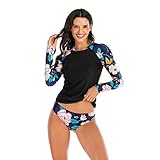 Damen Surfen Neoprenanzug Badeanzug Schwimmanzug Sonnencreme Langarm Bikinioberteil Swimwear Print Tankini Beach Surfing Suit Monokini Bademode, Schwarz-2, XX-Large