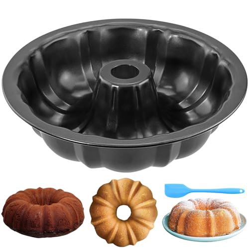 RAINPOP 24CM/9.6in Ring Cake Tin, Carbon Steel Round Baking Dish, Cake Tin with Non-Stick Coating Mould Baking Pan, Fluted Ring Cake Tin Pan Tray for Baking Cake Bread, Black