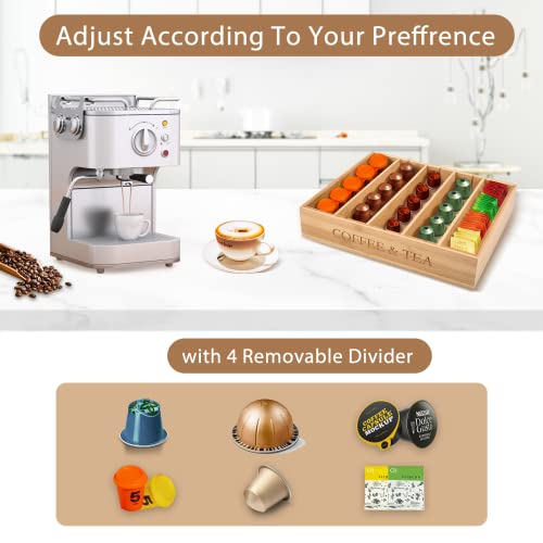Coffee & Tea Station Organizer - 4 Removable Dividers, Bamboo Coffee Bar Accessories Storage Container For Countertop, Farmhouse Kcup Coffee Pod Holder Tea Organizer With Handle For Coffee Lover #TOP1