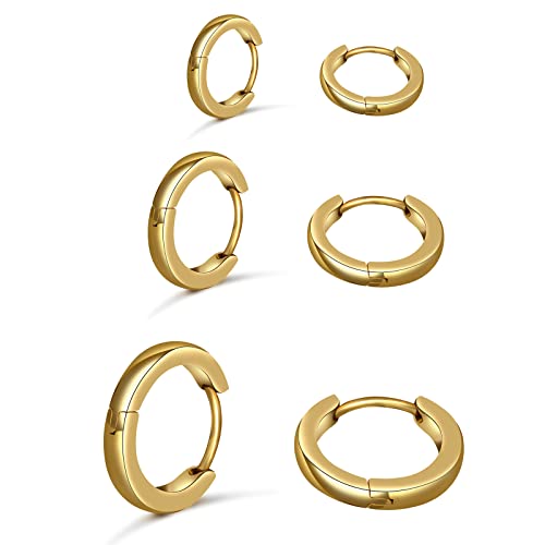 3 Pairs Small Gold Hoops Hypoallergenic Cartilage Hoops Earrings Huggie Hoops Earrings for Women Men 14K Gold Earrings,Tragus Hoop for Body Piercing (Cuboid Gold 3 Pairs（6mm/8mm/12mm）)