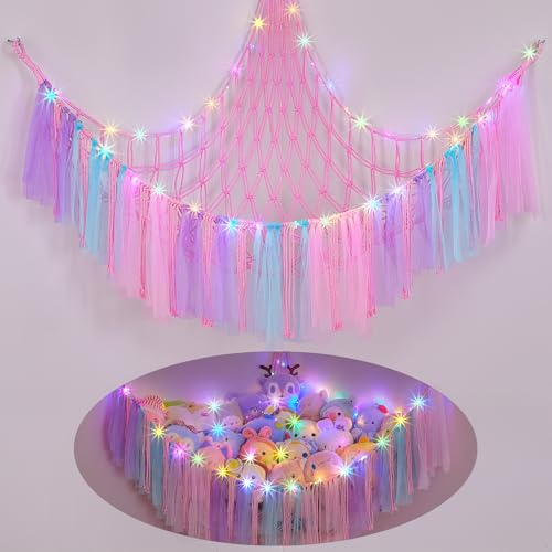 Image of FIOBEE Stuffed Animals Net LED Light Toy Hammock for Kids Bedroom Storage