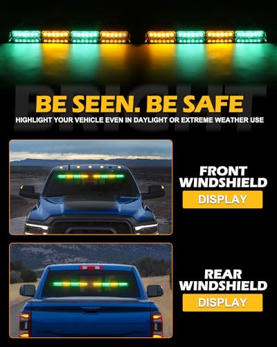 HLauto 604N Emergency Dash Strobe Lights: 2x16.8 inch Green Amber Security Light w/Take Down, 48 LED Safety Flashing Warning Hazard Interior Windshield Light Bar for Trucks Vehicles - Thumbnail 3