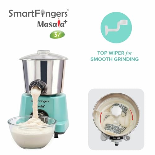 Image of SmartFingers Masala + Table Top Wet Grinder 230V, 3 Liter, Green with Coconut Scrapper & Atta Kneader Attachment | Hands-Free Batter Dispenser | Top Wiper, 220W Motor | 5 Years Warranty | AISI 304