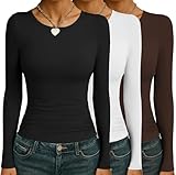Ekouaer Womens 3 Pack Long Sleeve Shirts Ruched Side Fitted Undershirts Round Neck Stretch Underscrubs Tight Thermal Tops Brown/White/Black L