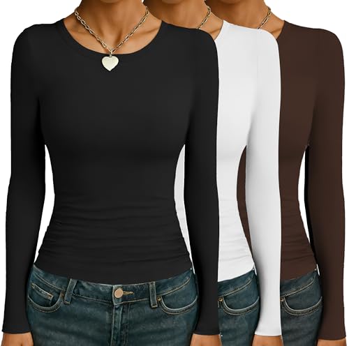 Ekouaer Womens 3 Pack Long Sleeve Shirts Ruched Side Fitted Undershirts Round Neck Stretch Underscrubs Tight Thermal Tops Brown/White/Black L