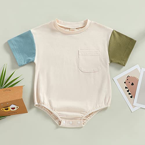 Newborn Casual Girl Boy Summer Romper Round Neck Short Sleeve Patchwork One Piece Pocket Bodysuit Jumpsuit (Blue Green, 18-24 Months) #TOP1