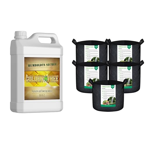 Humboldts Secret Golden Tree - All-in-One Concentrated Additive - Vegetables, Flowers, Fruits, & More (16 oz) w/Fabric Grow Bags - Non Woven, Reusable Fabric Pots with Handles (5-Pack) (3 Gallon)