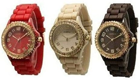 Geneva Women's CZ Crystal Rhinestones Face Bling 3-Piece Red/Beige/Brown with Gold Tone Platinum Silicone Rubber Jelly Bezel Watch