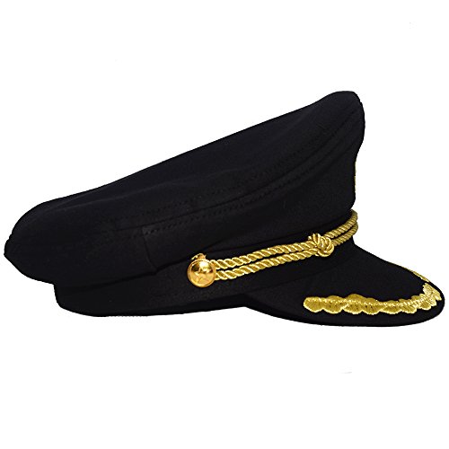 Black Admiral Captain Yacht Hat, Gold Embroidery Anchor Skippers Cap For Cruise Nautical Party Costume Accessory (Black 1) #TOP3