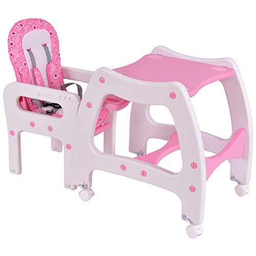 Costzon Baby High Chair, 3 in 1 Convertible Play Table Set, Booster Rocking Seat with Removable Feeding Tray, 5-Point Harness, Lockable Wheels (Pink)