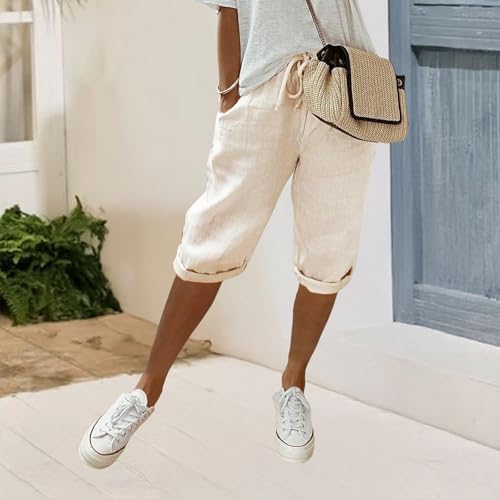 Womens Cotton Linen Shorts Knee Length Drawstring Elastic Waist Summer Casual Gym Going Out Shorts with Pockets2