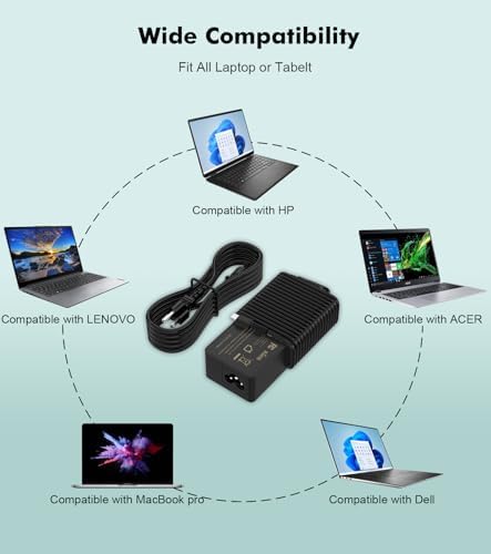 100W USB C Laptop Charger, Fast USB-C Power Adapter Compatible with Lenovo ThinkPad, HP, Dell, Asus, Acer, MacBook, Chromebook and More, PD 3.0 Type C Notebook Power Cord
