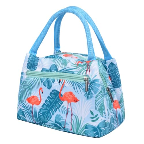 FLYMANN Insulated Lunch Bag with Front Zipper Pocket | Waterproof Fabric Travel Lunch Bag for Office, College & School (Blue - Flemingo Pattern)