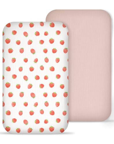 Image of Muslin Bedside Bassinet Sheets 2 Pack, 33x20 Fitted Ultra Soft & Breathable Bedside Sleeper Sheets, Ideal for Baby Girl and Boy, Perfect for Newborns (Strawberry & Pale Pink)