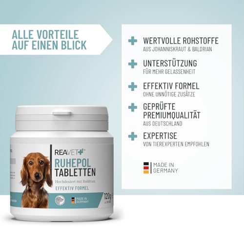 ReaVET Ruhepol Tabletten für Hunde 120 Stück – mit Baldrian und Johanniskraut I Wohlfühlen, Umzug, Silvester, Verlust mit hoher Akzeptanz