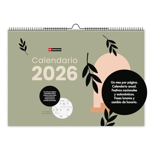 Miquelrius Wandkalender 2026, Jahresplaner, A3, 420 x 296 mm, mit Notizfeld, Doppelspiralbindung, 12-Monatsplaner, Spanisch, abstrakt