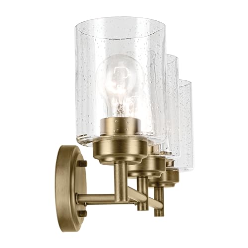Image of Kichler Winslow 21.5 inch 3-Light Bathroom Vanity Light Fixture with Clear Seeded Glass in Natural Brass for Luxe Industrial Style Over Mirror (21.5 inch x 9.25 inch), 45886NBR
