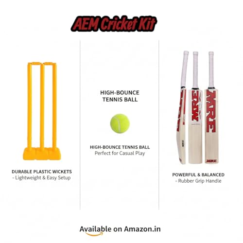 Image of AEM Cricket Set with Wooden Bat, Plastic Stumps and Tennis Ball for Kids | Cricket Kit for Kids Cricket Bat with Wicket (Size 2, Age 5-8 Year)