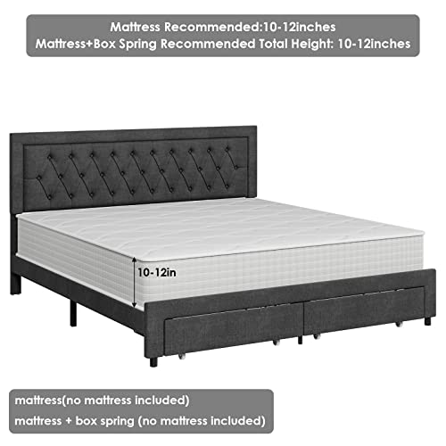Full Bed Frame With 2 Storage Drawers, Fabric Upholstered Platform Bed Frame With Deep-Set Pattern Button Tufted Headboard, Wood Slats Support Mattress Foundation, No Box Spring Needed, Dark Grey #TOP6