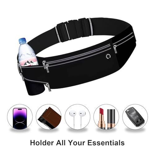 Image of Slim Running Belt for Women Men,Runners Fanny Pack Phone Holder,Money Belt,Running Gear Accessories,with 3 Pockets (Jet Black)