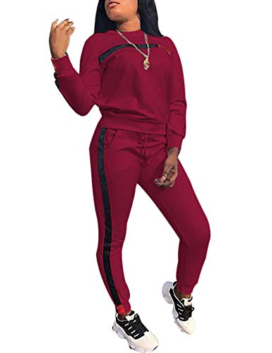 KANSOON Women Stripe Patchwork Two Piece Sweatsuit Round Neck Pullover and Skinny Long Pants Wine Red XXXL