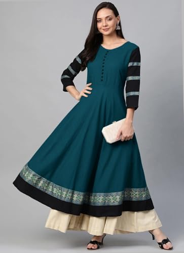 Image of HF HOLYDAY FASHION Cotton Silk Anarkali Printed Border Long Umbrella Gown Kurta for Women