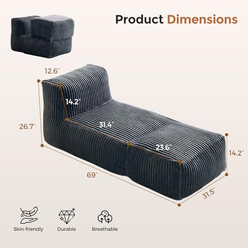 Ayovoch Bean Bag Chair for Adults, Giant Bean Bag Chair with Washable Cover, Comfy Corduroy Bean Bag Lounger with Ottoman, Memory Foam Filled Bean Bag Sofa for Living Room, Bedroom, Balcony, Grey - Image 2