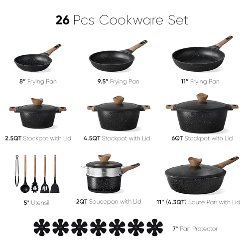 Image of CAROTE 26PCS Pots and Pans Set Non Stick, Cookware Set Pots and Pans Induction Cook Ware, Nonstick Kitchen Cooking, PFOA Free, Black