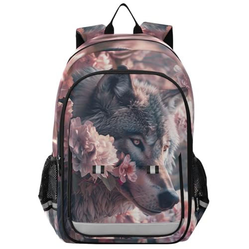 senya Wolf Backpack for Boys Girls, Wolf Pink Flower Backpack Students Bookbag Daypack for School Primary Teens, A01E23034