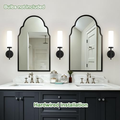 Image of MOKATNG [Hardwired] Wall Sconces Set of Two, Matte Black Bathroom Sconces with Milky White Glass, Modern Wall Light Fixtures for Bathroom Mirror Vanity, Living Room, Hallway, Stairway, Cabinet, Foyer
