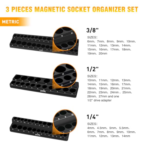 Image of GOOACC 3 PCS Magnetic Socket Organizer Set, Heavy Duty Metric Socket Organizer Tray 1 /4 inch 3 /8 inch 1 /2 inch Impact Drive Sockets Holds 75, Magnetic Socket Holder for Tool Box Drawer Chest Garage Storage,Black