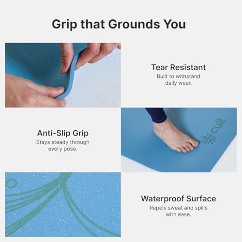 Image of Cult TPE Yoga Mat, Non-Toxic Latex-Free, Anti-Slip, Extra-Thick Cushioning, Tear-Resistant, Travel Strap 6mm (Reef Blue)
