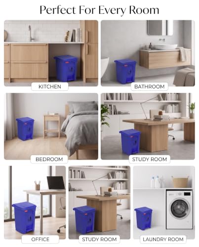 Image of pedal dustbin with lid, heavy duty plastic garbage bin, hands-free step-on waste bin for kitchen, office, home, hotel, bathroom & outdoor use (Blue, 35 Liters)