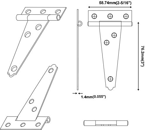 Qcaa Steel Light T Hinge, 3"X2-5/16"X1.4Mm, Elegant 2-Layered Frosted Matte Black, Powder Coated, 6 Pack #TOP4