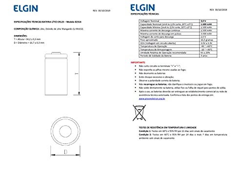 10 Pilhas Bateria Cr123a 3v Elgin 10 Cartelas