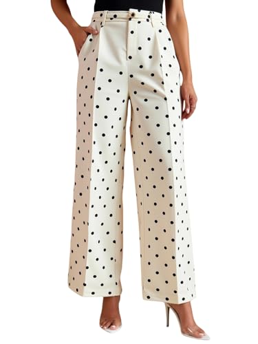 Women's Polka Dots Wide Leg Tailored Pants High Waisted Belted Loose Trousers with Pockets