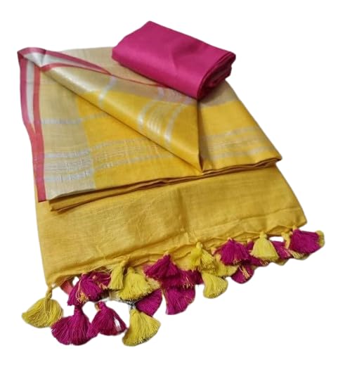 HAIDER ALI AND SONSBhagalpuri Linen Cotton Saree for Women |Linen Slub Ethnic Wear Saree For Women's (With Blouse) |, Yellow,Pink