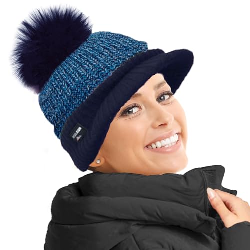 RockJock Ladies Warm Fleece Lined Knitted Peaked Beanie Baseball Cap with Detachable Faux Fur Pompom- wear with or Without Blue
