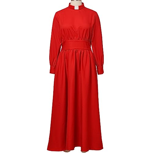 Image of CAMDOM Church Clergy Dress for Women Long Sleeve A Line Elegant Maxi Dress with Tab Insert Stand Collar and BeltA