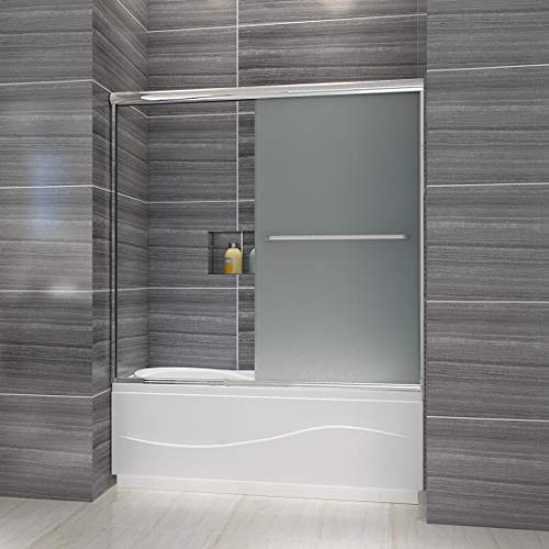 Elegant Bathtub Shower Door 60" W X 57.4" Semi-Frameless Sliding Shower Door With 1/4 In. Frosted Glass Shower Enclosure In Chrome Finish Shower Doors Glass Sliding 60 Inches Tub Shower Door #TOP1