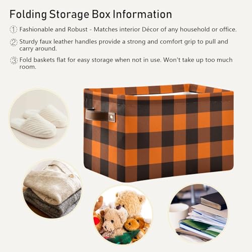 Image of Aslsiy Storage Basket Orange Black Plaid Nursery Bins Baby Box Canvas Clothes Shelf Basket Laundry Hamper Gift Basket for Home Closet 1 Pcs