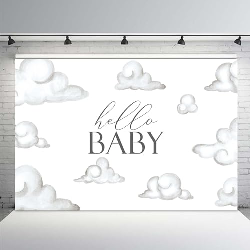 MEHOFOND Hello Baby Baby Shower Backdrop White Clouds Baby Birthday Party Decorations Backdrop White Cloud Baby Shower Party Decorations Cake Table Banner Supplies Photo Studio Props(7x5ft) by MEHOFOND - Used condition - Image 2