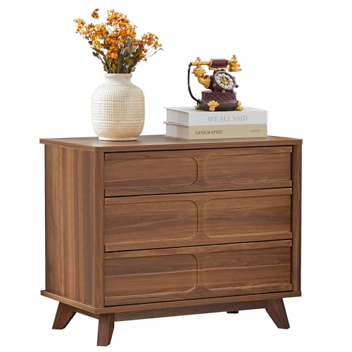 Bifins 3 Drawer Dresser for Bedroom, Mid Century Modern Chest of Drawers, Wood Wide Nightstand with 3 Drawer for Bedroom Living Room (Walnut 1PC)