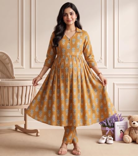 Image of DUMMY SHAPE Maternity Dresses for Women Cotton | Floral Kurta Pant Dupatta Set with Nursing Zippers, Side Pocket | Pre & Post Pregnancy | Feeding Kurti Suit | Baby Shower | Gifts for Pregnant Woman