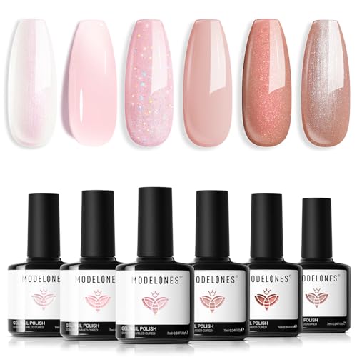 Modelones Esmaltes Semipermanentes para Uñas en Gel,6 Colores Kit Pintauñas Semipermanentes Uñas de Gel UV LED en Gel Nail Polish Esmalte Uñas para Manicura,Blanco Rosa Nude