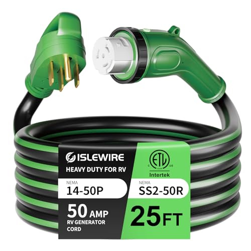 ISLEWIRE 50 Amp 25 Feet RV Power Cord, Heavy Duty 6/3 + 8/1 Gauge STW 50A Generator Cord, NEMA 14-50P to SS2-50R LED Power Indicator Twist Lock for RV Trailer Camper and Generator to House, ETL Listed by islewire - Used condition - US$53.49